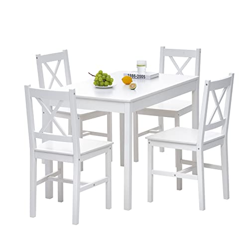 JINPALAY Esstisch mit 4 Stühlen Set Weiß Kiefer...