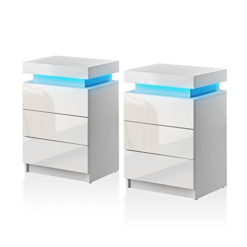 TUKAILAI Weißer Nachttisch 2er-Set mit LED-Licht,...