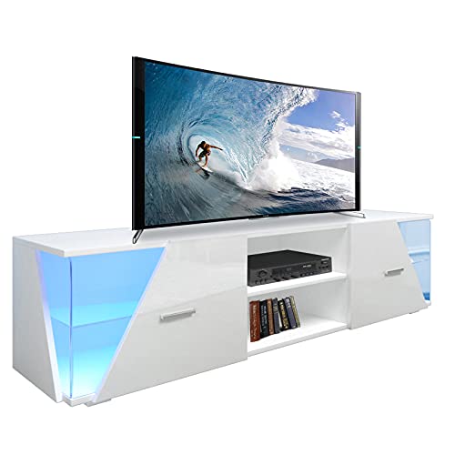 Dripex TV Schrank Lowboard Weiß Hochglanz mit LED...