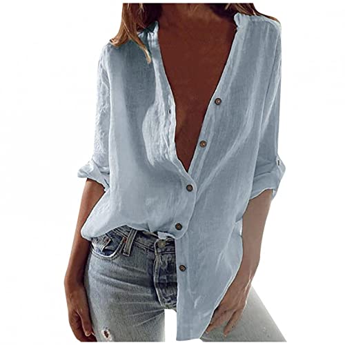 Damen Leinen Bluse Sommer Langarm Knopfleiste...