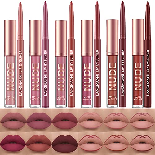 6 matte Lippenstifte mit 6 Liplinern, haltbarer...