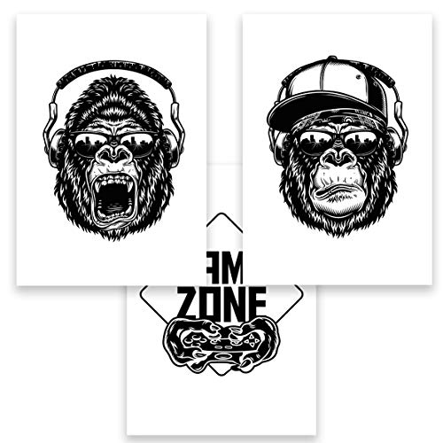 Gamer Affe Gorilla Bilder DIN A4 3er Set Monkey...