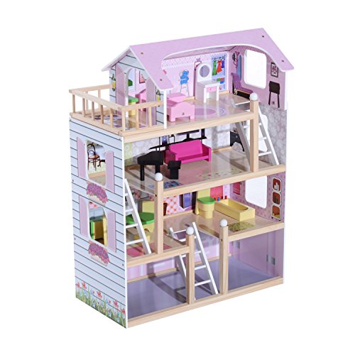 HOMCOM Puppenhaus aus Holz Puppenvilla für Kinder...